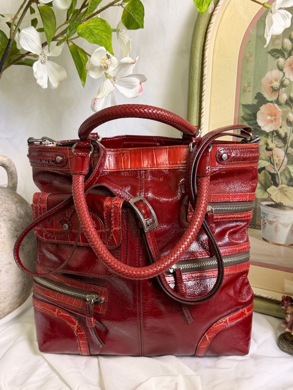 Vintage Brighton Red Leather Patent Crossbody Tote with Multiple Zip Pockets - Picture 3 of 8